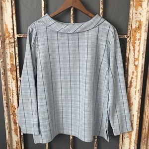 Talbots Bateau Rolled Neckline Gray Plaid Top  XL